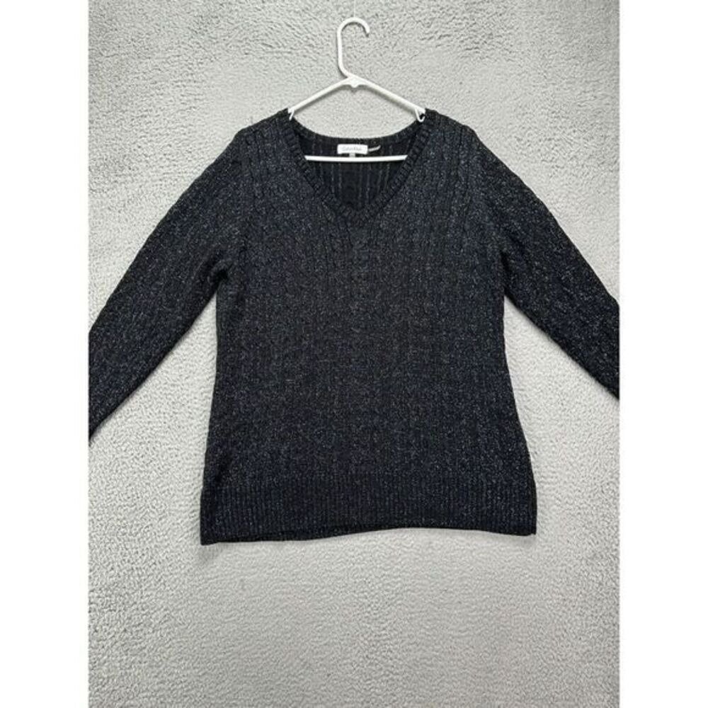 Calvin Klein Sweater Womens 1X Plus Black Wool Blend Metallic V-Neck Cable Knit
